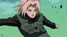 a cartoon character with pink hair and a green vest is flying in the air .