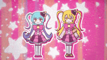 two anime girls are standing next to each other on a pink and white background