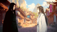 a couple of anime characters standing next to each other in a village