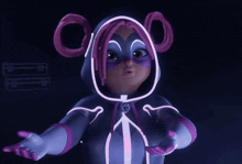 a cartoon character with purple hair and a purple hood
