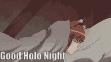 a girl is sleeping in a bed with the words good holo night written on the bottom
