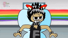 a cartoon character is wearing a black f shirt