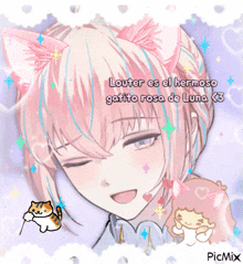a picture of a girl with cat ears says louter es el hermoso gatito rosa de luna < 3