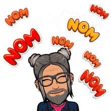 a cartoon drawing of a man with a bun and glasses with the word nom surrounding him