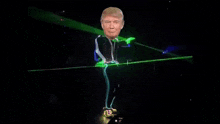 donald trump is dancing on a stage in a neon suit with green lasers behind him .