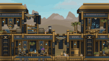 a pixel art drawing of a building with the letter a on the top