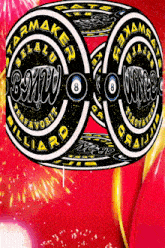 a black and white logo for bmw billiards is surrounded by fireworks