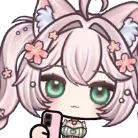 a cartoon girl with flowers in her hair is taking a selfie with her phone