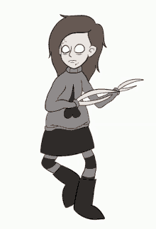 a cartoon drawing of a girl with scissors in her hand