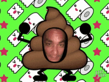 a man is wearing a poop costume with a microphone in his hand .