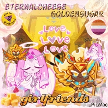 a picture of eternal cheese golden sugar girlfriends with a pink background