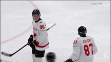 two hockey players one of whom has the number 87 on his back
