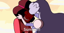 a couple of cartoon characters hugging each other with the words sunrin on the bottom right