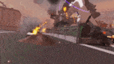 a computer generated image of a city with buildings and a fire