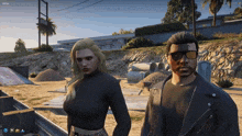 a man and a woman are standing next to each other in a video game with a screenshot of their faces