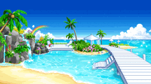 a pixel art of a beach scene with a waterfall