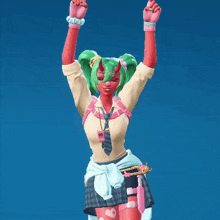 a girl with green hair and horns is waving her hands