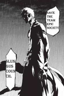 a black and white drawing of a man with the words save the team epic society on the bottom