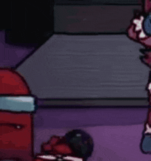 a red among us character is laying on the floor in a room with a purple background .