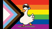 a drawing of a duck wearing a hat and a rainbow flag
