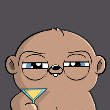 a cartoon character holding a martini glass with fireworks in the background