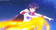 a girl in a sailor moon uniform is flying through the air while holding a yellow sphere .