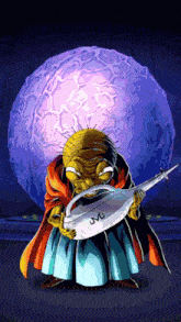 a cartoon drawing of a man holding a sword with the letter j on it