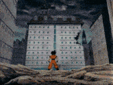 a cartoon character is standing in front of a building with chinese characters on the top