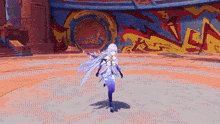 a girl with long white hair is dancing in front of a wall that says " journey "