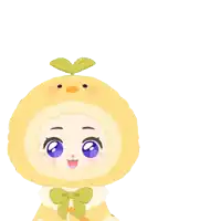 a girl wearing a yellow chicken hat with a green leaf on top