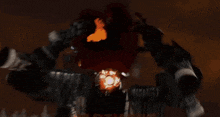 a blurred image of a person holding a camera with a flame coming out of the camera lens