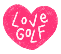 a pink heart that says love golf in white letters