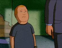 a man in a suit is standing next to a cartoon character with a sad look on his face