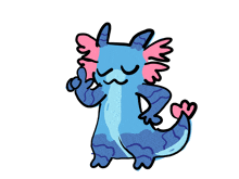 a cartoon drawing of a blue and pink axolotl with its eyes closed
