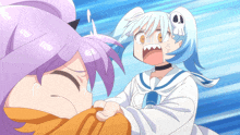a cartoon girl with a skull on her head is fighting another girl with purple hair
