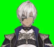 a man with white hair and blue eyes is wearing a mask and earrings .