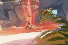a video game scene with a volcano erupting and a palm tree .