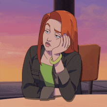 a cartoon of a woman sitting at a table with her hand on her chin