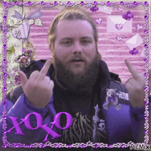 a man with a beard is giving the middle finger in a purple frame with the word xoxo