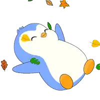 a blue and white penguin is laying down with leaves flying around it