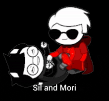 a cartoon of sil and mori riding a black cat