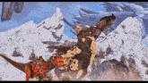 a group of dinosaurs are standing in the snow near a mountain