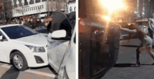 a white car is being damaged by another car and a woman is pushing a car with flames coming out of it