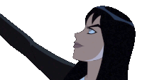 a cartoon character with long black hair is holding a long flame in her mouth