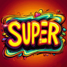 a brightly colored sign that says super on a red background