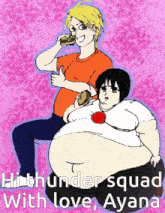 a poster for hitthunder squad with love ayana shows a man and a woman eating hamburgers