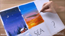 a person is painting a landscape with the word sea written on it