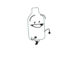 a black and white drawing of a bottle with a face and arms