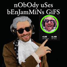 a man in a wig and sunglasses points to a picture of benjamins