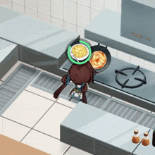 a cartoon girl is cooking food in a kitchen with a green circle around her head